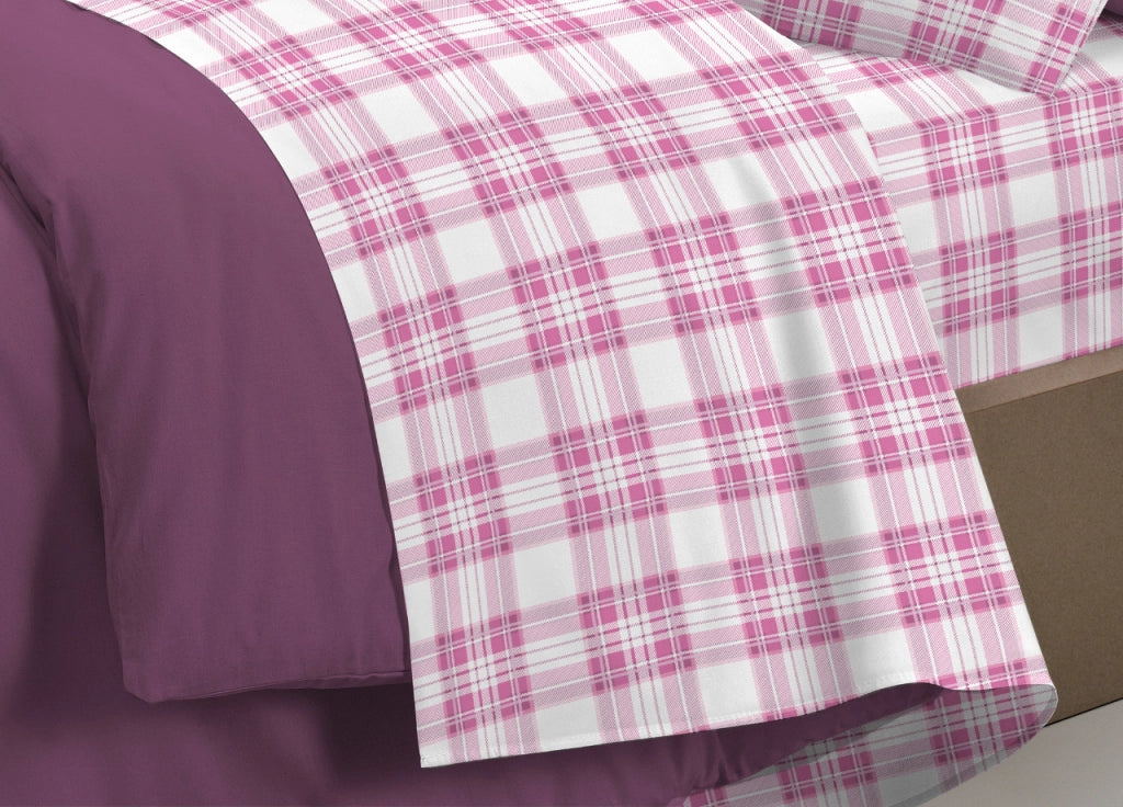 Completo Lenzuola Linea Pensieri Delicati 100% Cotone Orsetto Tartan Primavera - Matrimoniale - Rosa
