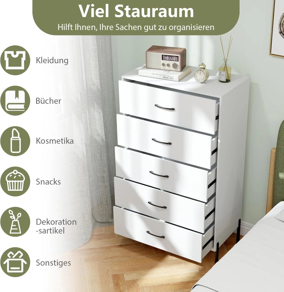 Cassettiera con 5 cassetti, cassettiera alto con gambe in metallo, antiribaltamento, per corridoio, cucina, soggiorno, camera da letto, 71 x 40 x 125 cm