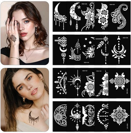 Tatuaggi temporanei 20 pezzi - Set di stencil - Tatuaggi riutilizzabili - Disegni di tatuaggi indiani e arabi - Arte del corpo - Adesivi autoadesivi 9,5 x 6,5 cm