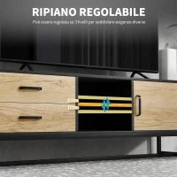 Mobile Porta TV 60" con Armadietto, 2 Cassetti e Ripiani Aperti, 140x35x45 cm, Legno Naturale