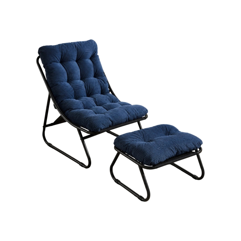Poltrona da giardino con pouf in acciaio blu navy con cuscino imbottito e seduta a fionda per interno ed esterno