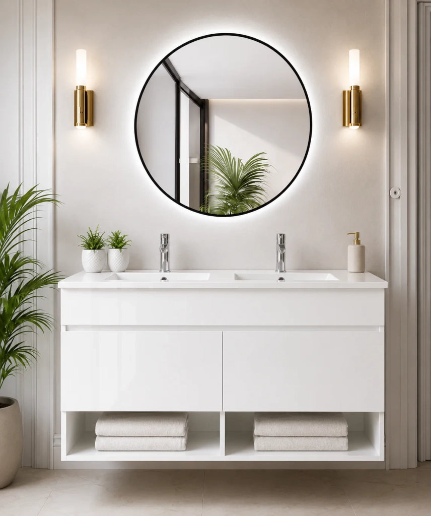 Mobile bagno sospeso con lavabo extrapiano ORIGENBATH NEBARI senza specchio 120x45 cm doppio lavabo bianco