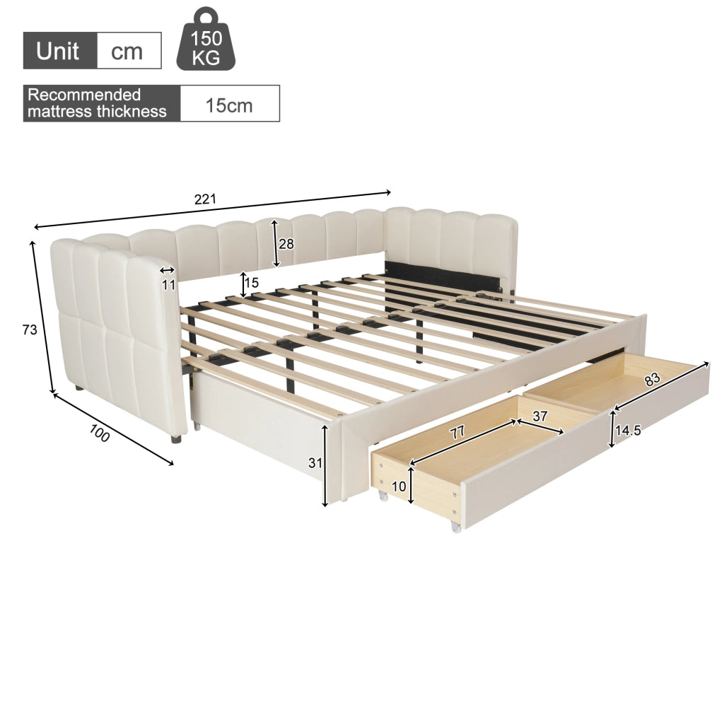 Letto Estraibile 90x200 cm e 180x200 cm con Cassetti; USB e Type-C in Lino Beige