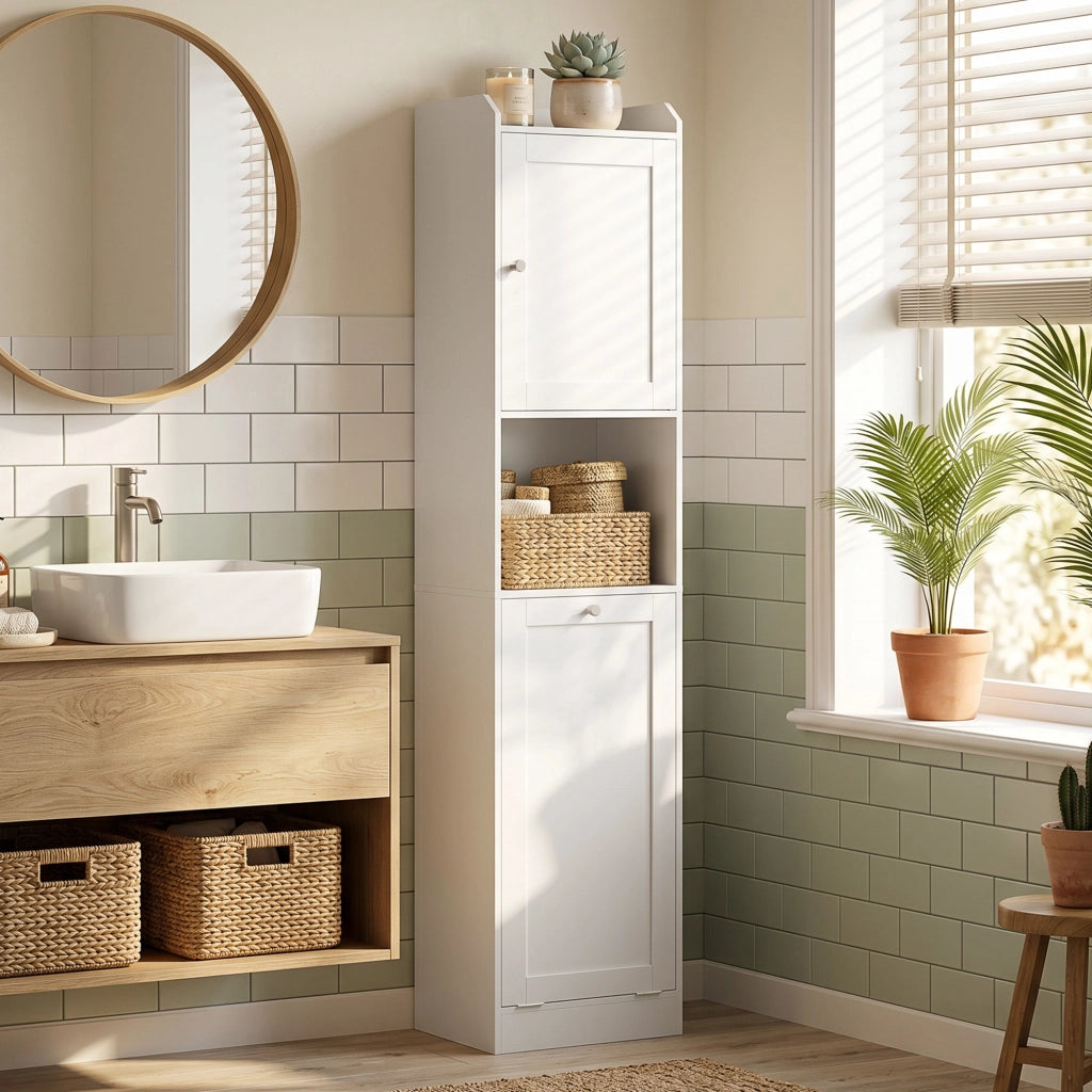 Mobile Bagno Alto con Cesto a Ribalta e Mensole, 40x30x170 cm, Bianco