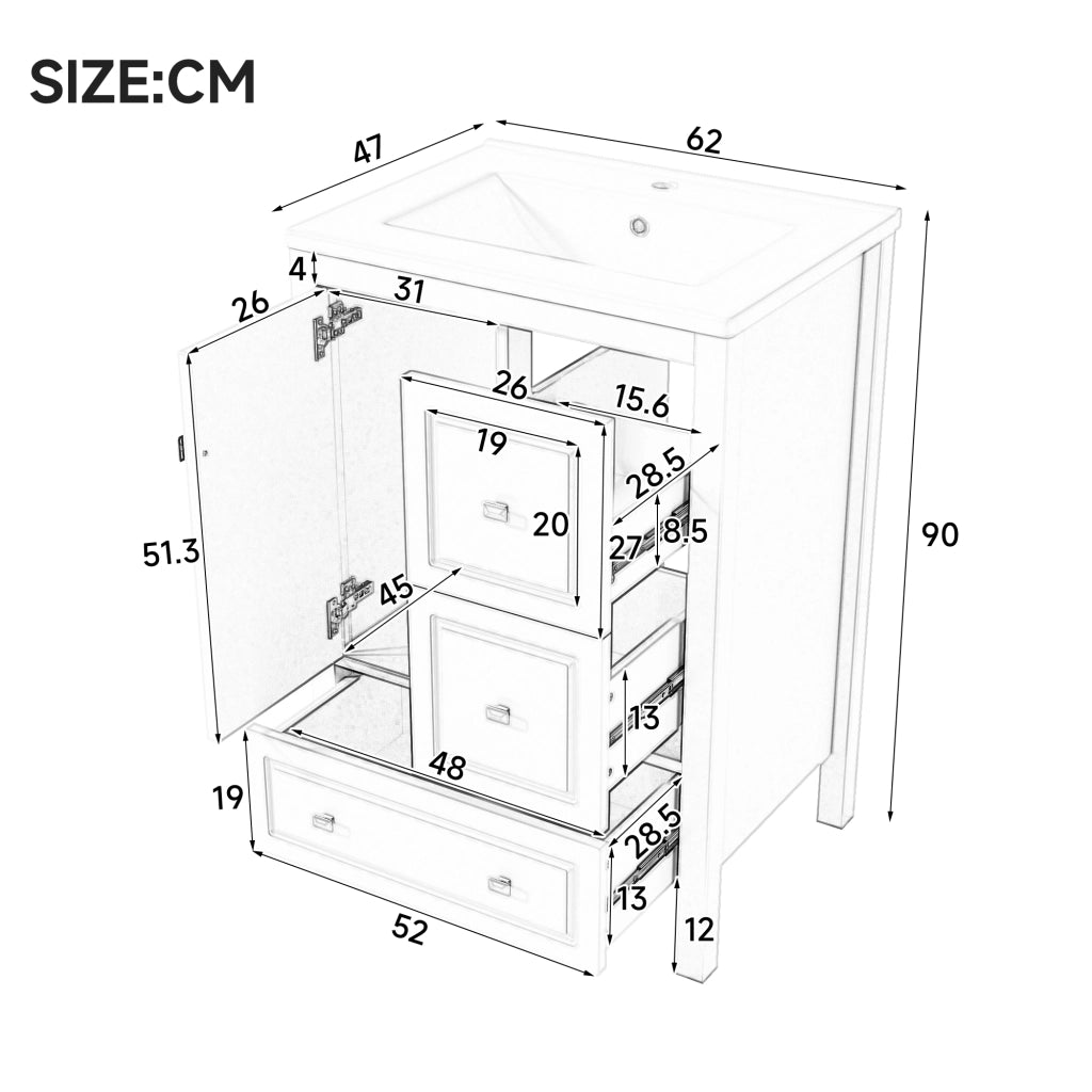 Mobile sottolavabo da bagno con lavabo in ceramica 1 anta e 3 cassetti per bagno in MDF e ceramica bianco 62 × 47 × 90 cm