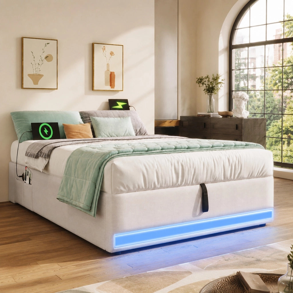 Letto imbottito 90x200 cm in lino con LED; porte USB e Type-C; contenitore idraulico; beige