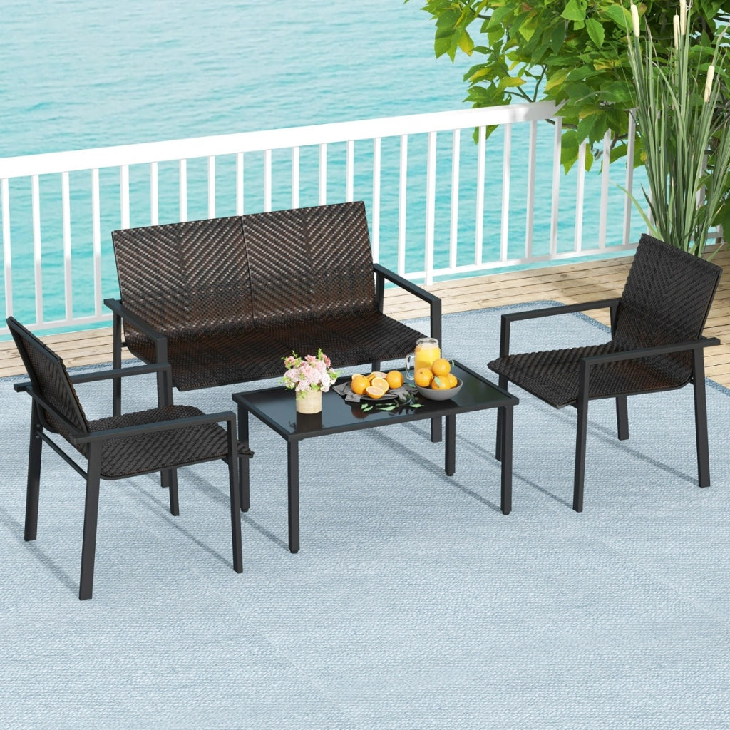 Set di mobili da giardino 4 pezzi, Set di tavolo e sedie in intrecciato di vimini su telaio metallico galvanizzato Marrone-Set mobili da esterno