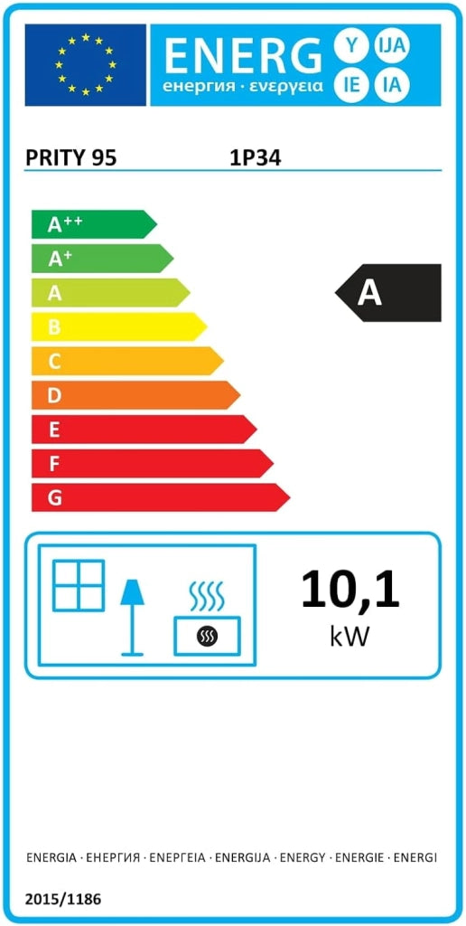 Stufa a legna con forno. Piastre in ghisa. Potenza termica 10kw. Modello Prity 1P 34 con canna fumaria a sinistra