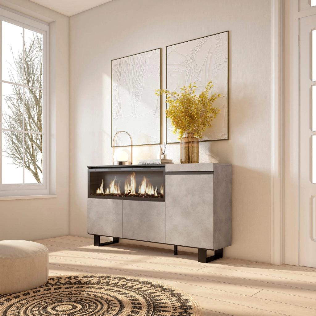 Credenza, Mobile, 158x35x87cm, 3 Porte, Camino elettrico XXL, Design industriale, grigio cemento RF3288