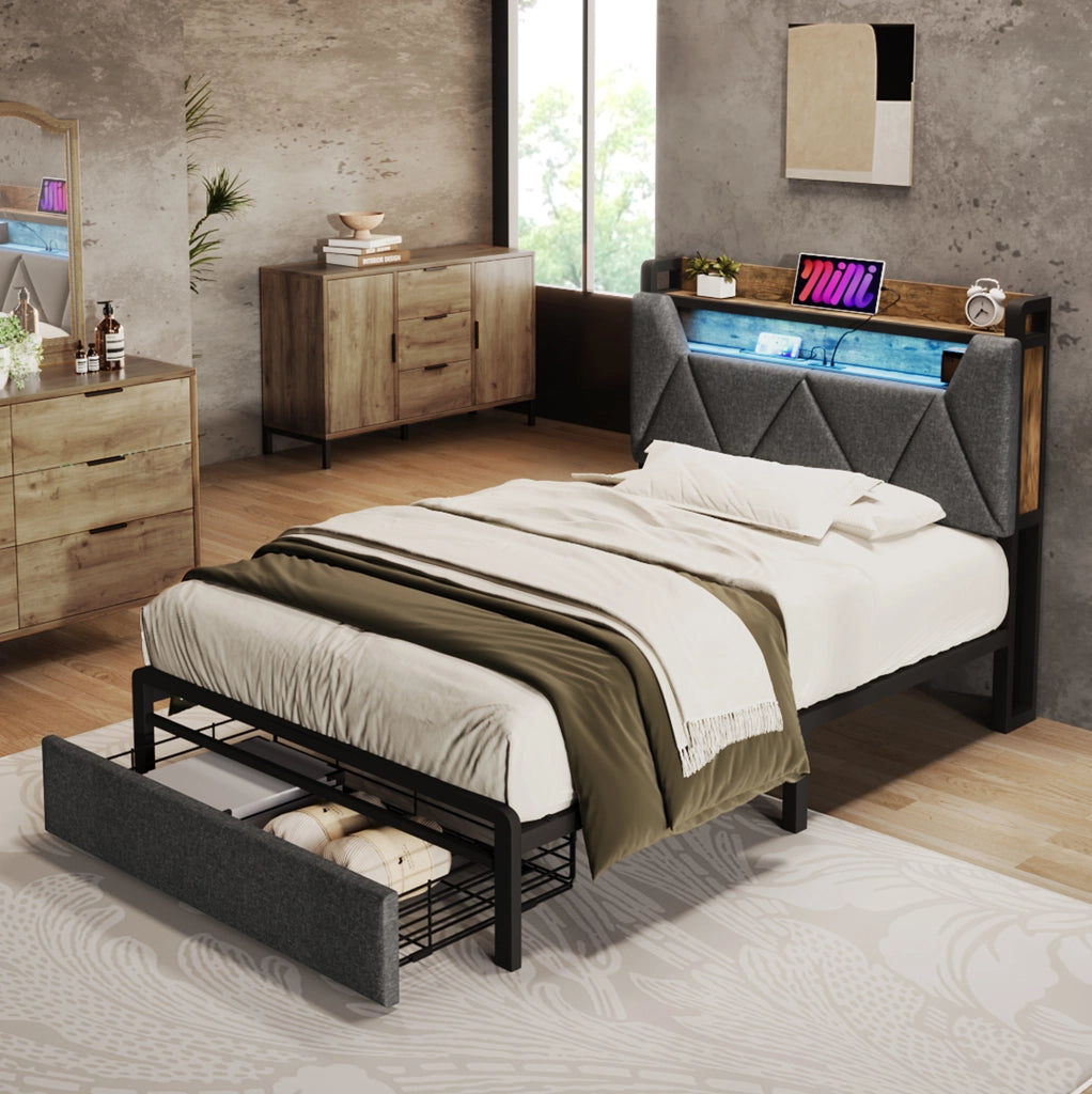 Letto singolo 90x200 in tessuto grigio con testiera contenitore e LED