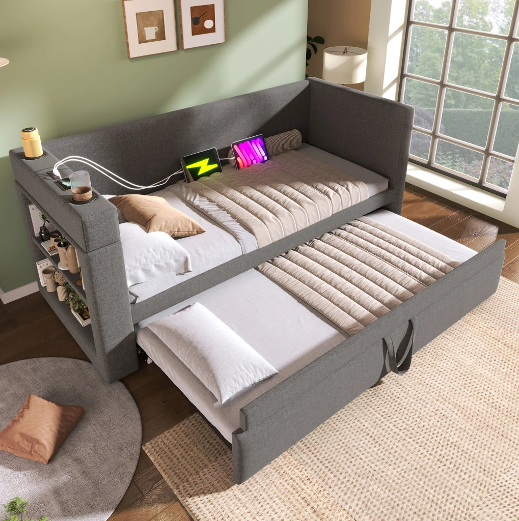 Divano letto 90x190 cm con letto estraibile e stazione di ricarica in cotone e lino grigio