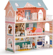 Casa per bambole - Abitazione portatile - Mini casa in legno - Mobili per bambole - Bambole - Casa per bambole con mobili - 28 accessori - 3 piani - ‎Azzurro - 3 anni