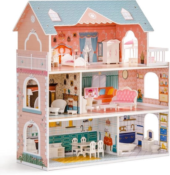 Casa per bambole - Abitazione portatile - Mini casa in legno - Mobili per bambole - Bambole - Casa per bambole con mobili - 28 accessori - 3 piani - ‎Azzurro - 3 anni