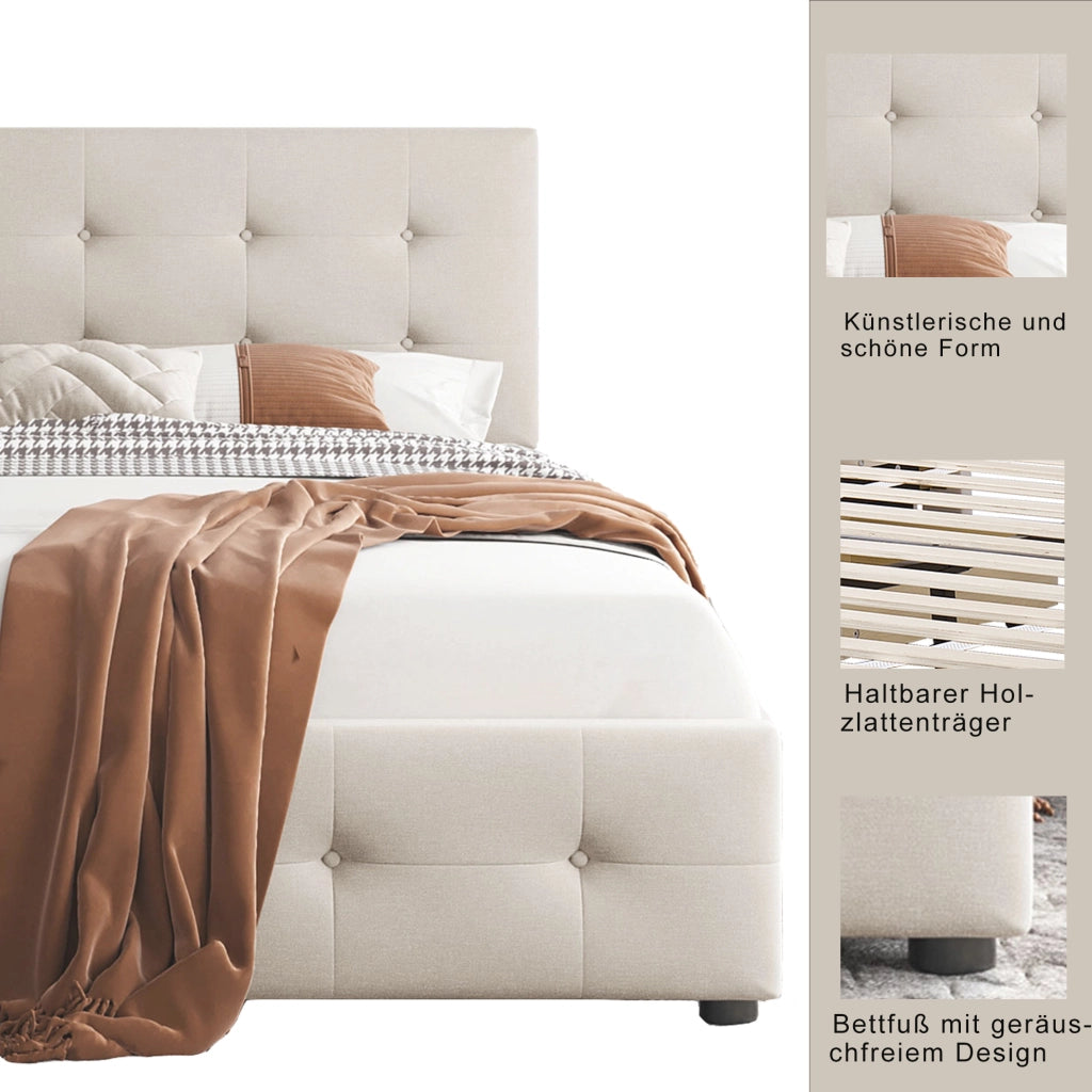 Letto imbottito 90x200 cm con rete a doghe e cassetto contenitore; velluto beige