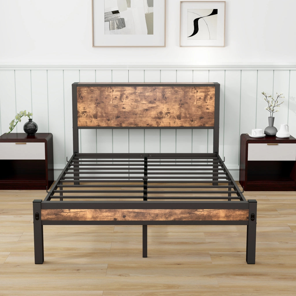 Letto 120x200 cm con contenitore e senza box spring in MDF e metallo; marrone antico