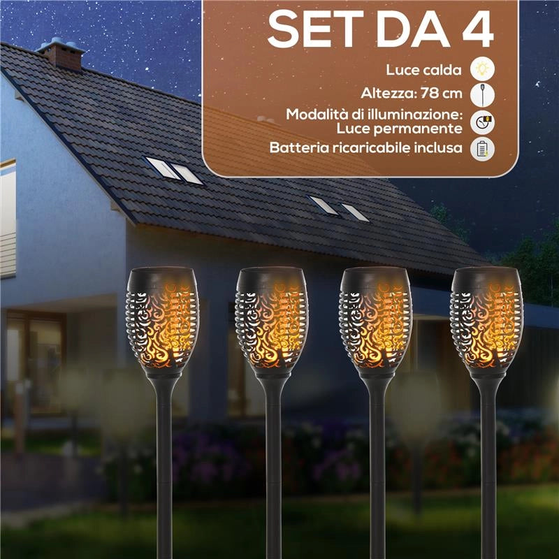 SET 4 FARETTI DA ESTERNO LED A ENERGIA SOLARE CON 4 PICCHETTI IN PLASTICA Ø 12X72 CM NERO