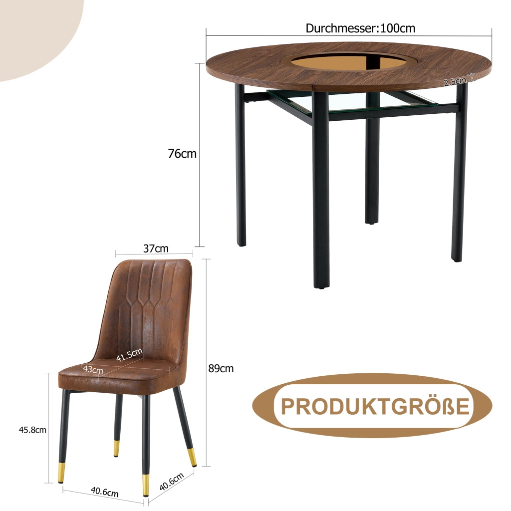 Tavolo da pranzo rotondo con 4 sedie, piano in MDF effetto legno, inserto in vetro e ripiano per cucina e soggiorno 100 cm