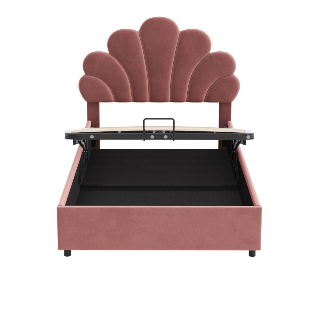 Letti contenitori 90x200 cm; con contenitore e testiera decorativa; velluto rosa (Senza materasso)