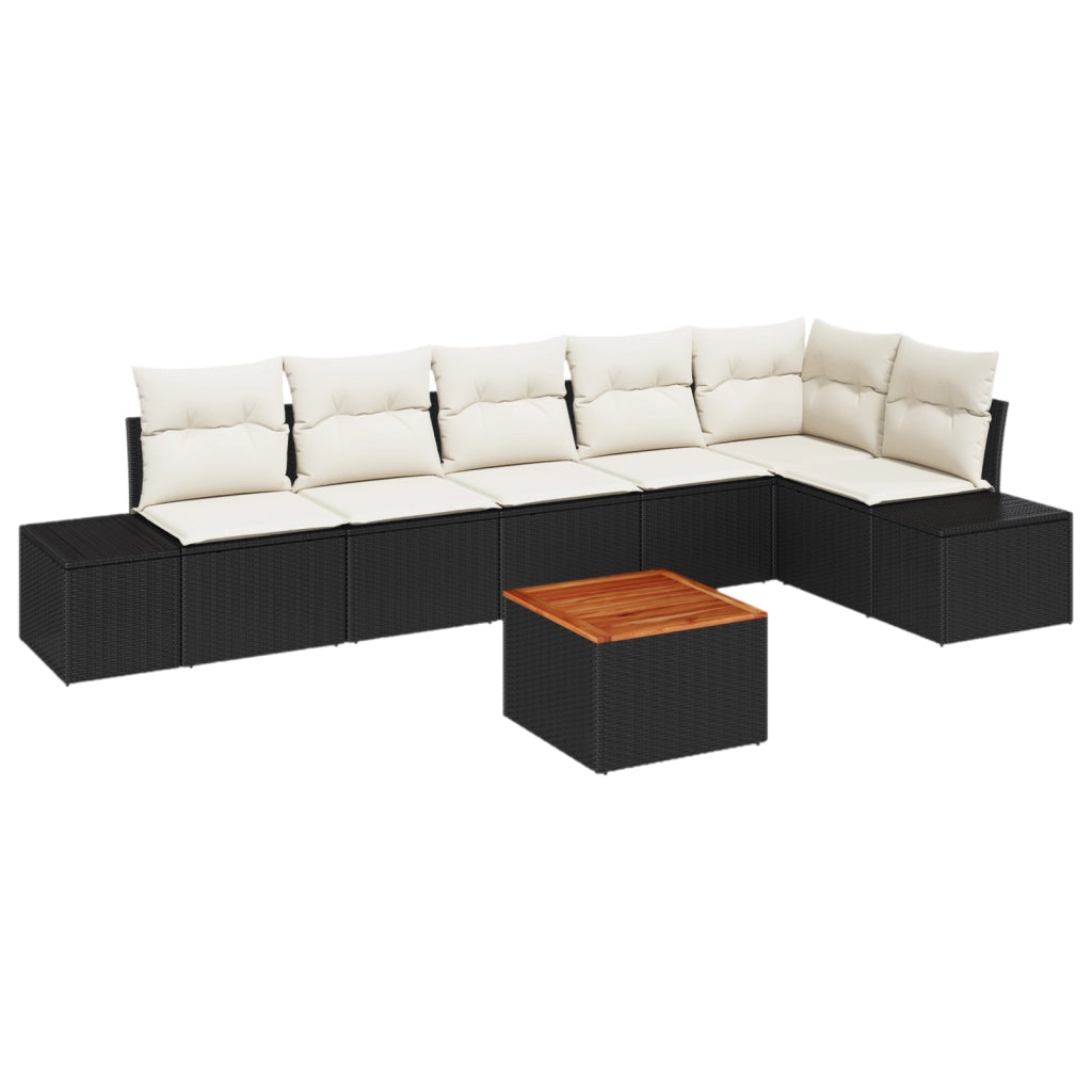 Set Divano da Giardino 7 Pezzi con Cuscini Nero Polyrattan Acacia