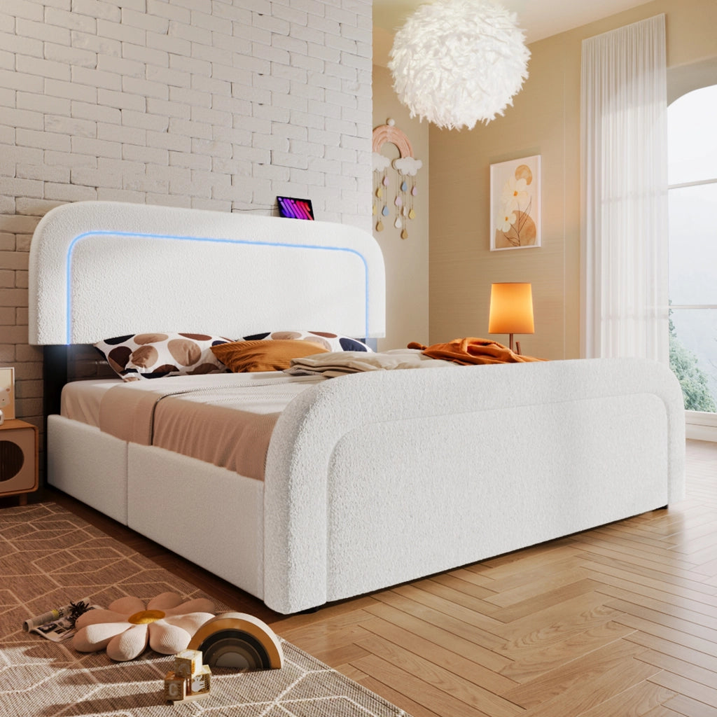 LETTO Imbottito 140x200 cm Sherpa Bianco con materasso incluso, USB Type-C e LED