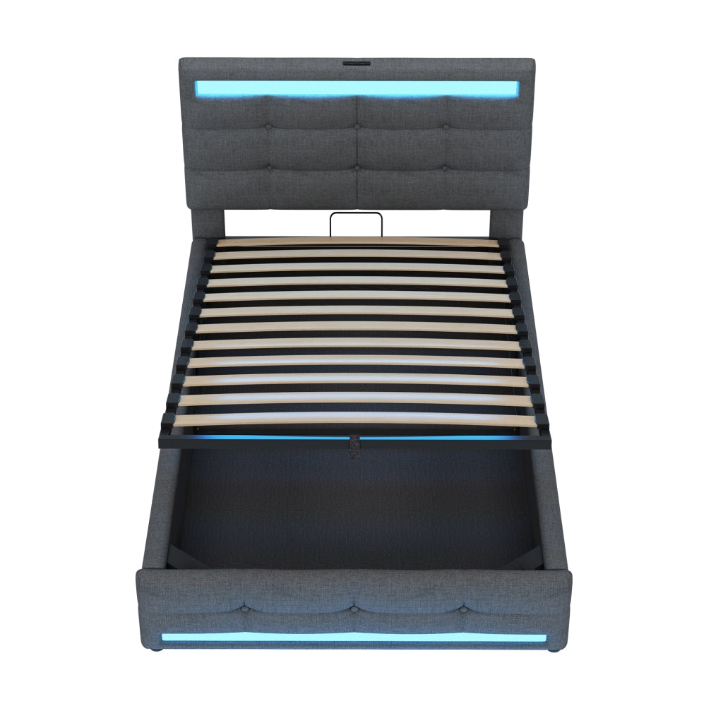 OKWISH Letto Bambini 90×200 cm, Letto Singolo con Contenitore, USB, LED Regolabile e Testiera Regolabile, senza Materasso, Grigio