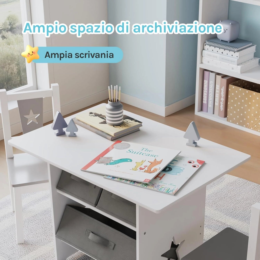 Tavolo per Bambini Scrivania con Cassetti Tavolino con 2 Sedie in Legno