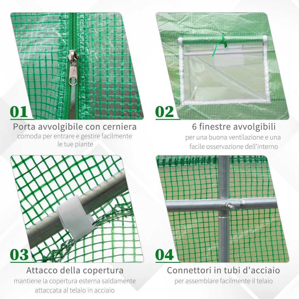 Serra da Giardino 3.5x3x2m Serra con Tetto a Spiovente in PE per Piante Verde