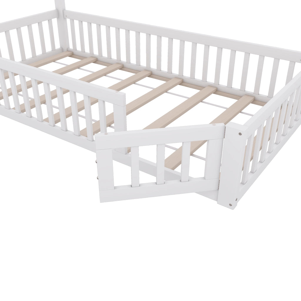Letto Casetta 90×200 cm; Letto Singolo con Sponda di Sicurezza e Design Camino; senza Materasso; Bianco