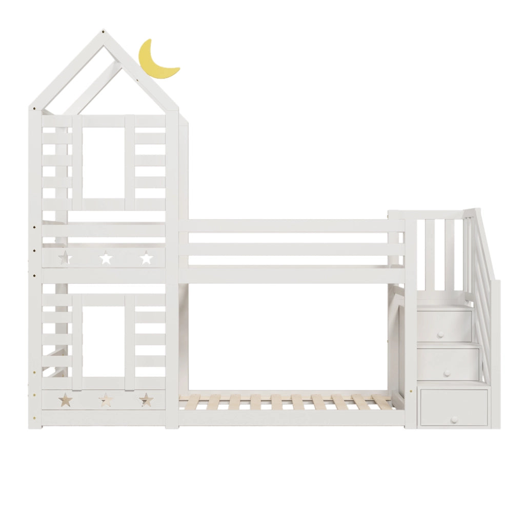 Letto a castello a casetta bianco 90x200 cm con cassetti e scale contenitore