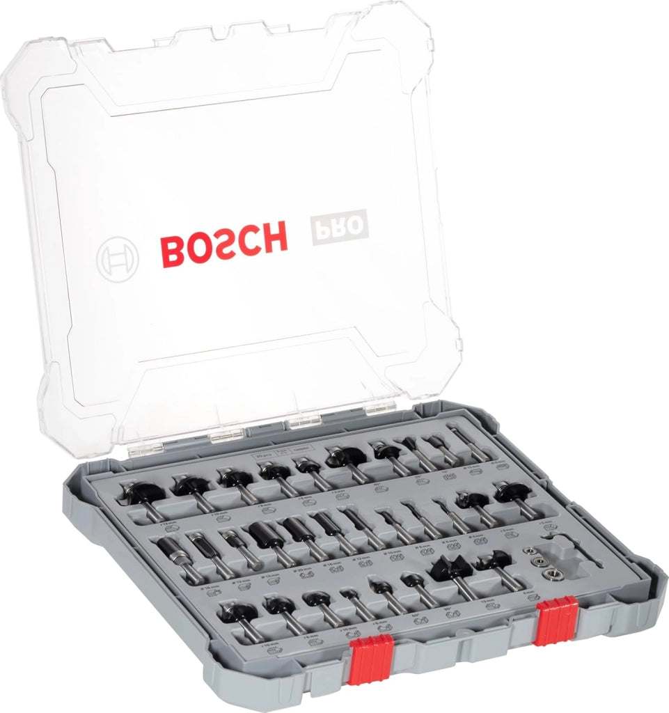 Bosch 30x Set misto frese PRO, 30 pz (per Legno tenero, Legno duro, Ø 4-35 mm, Professional Accessorio Fresatrice portatile, Rifilatore)