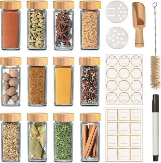 Set di erbe in contenitori di 12 con coperchio di bambù e dispositivo per spargere - 120ml - Incl. Etichette e cucchiaio di legno