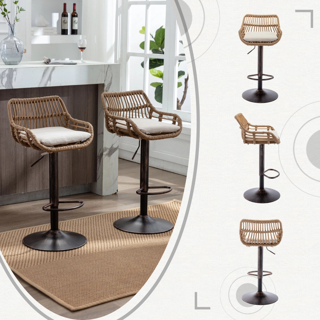 Set di 2 Sgabelli da Bar Girevoli e Regolabili in Altezza con Poggiapiedi; per Cucina e Sala da Pranzo; Lino; Beige
