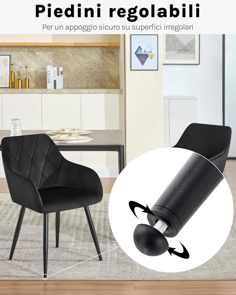 Set di 2 Sedie per Sala da Pranzo Imbottita, Poltroncina in Velluto,Sedia da Cucina con Braccioli e Schienale, Gambe in Metallo, Nero, BH352sz-2