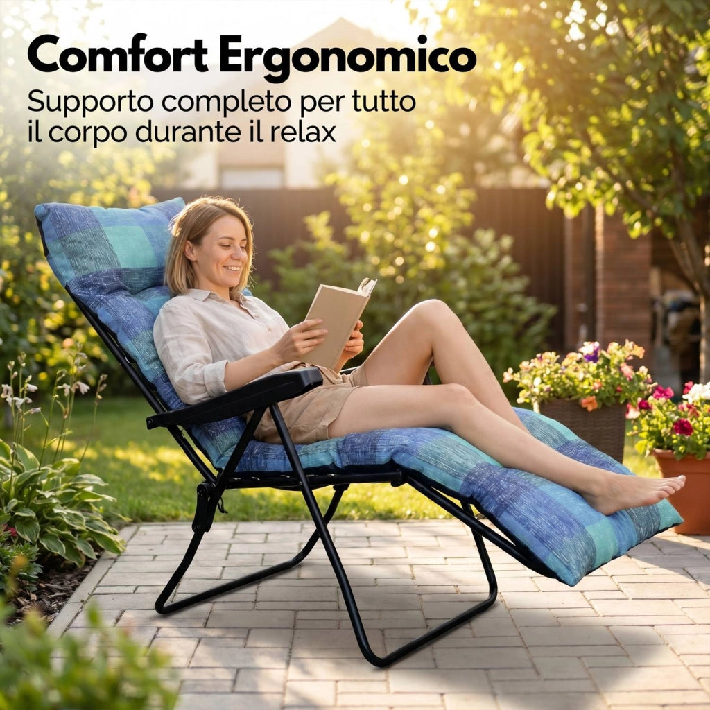 Marvin Sdraio da Giardino con Poggiapiedi Reclinabile Regolabile in 6 Posizioni Flock Poltrona con Cuscino  BLU A QUADRI