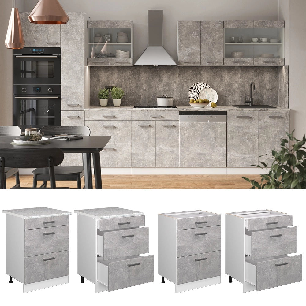 Mobiletto base per cucina R-Line Calcestruzzo/Bianco 60 cm con cassetti, senza piano di lavoro Vicco