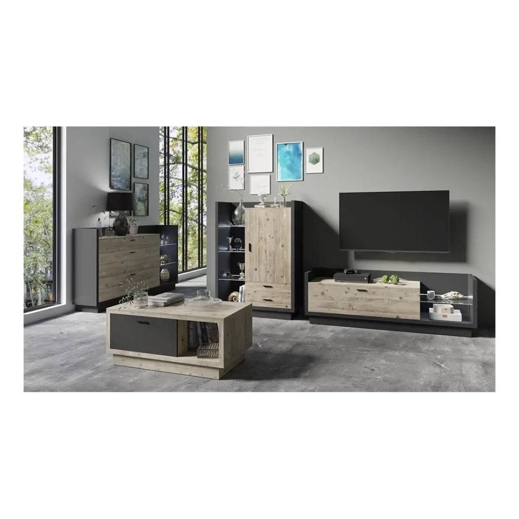 Mobile TV XL 220cm. Collezione CORK. Colori grigio antracite e pino.