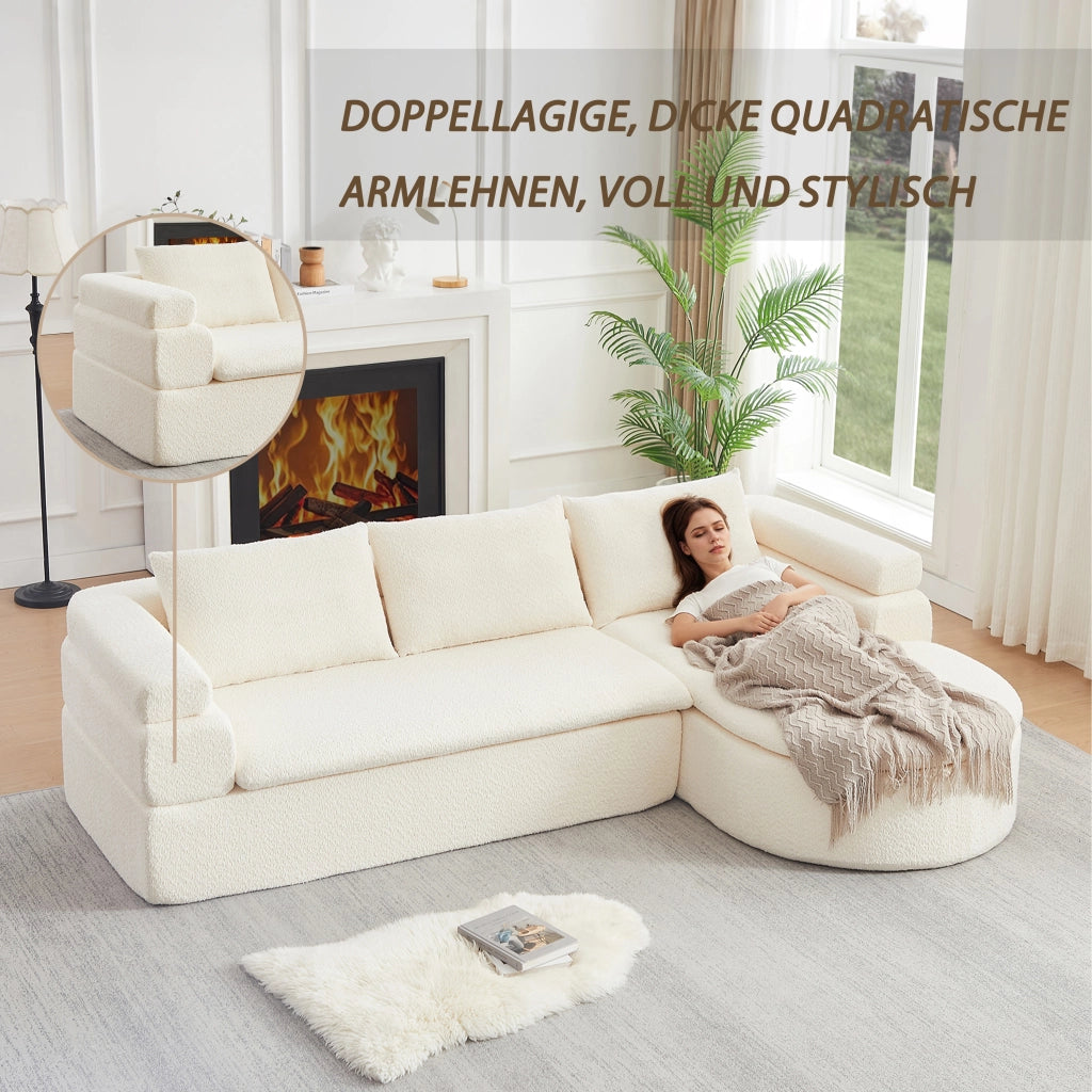 Divano moderno con chaise longue curva in ciniglia beige; profilo a gradini