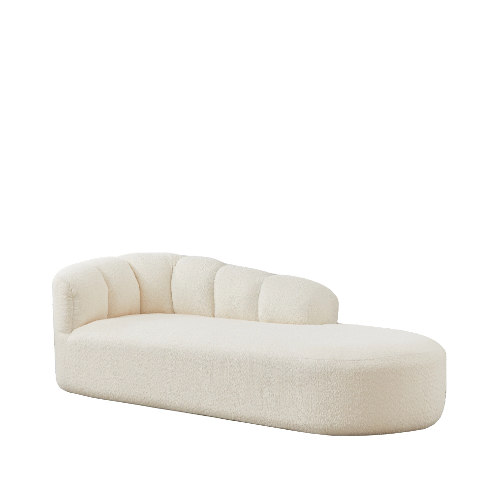 Chaise longue moderna in chenille beige, poltrona relax con schienale ondulato per soggiorno