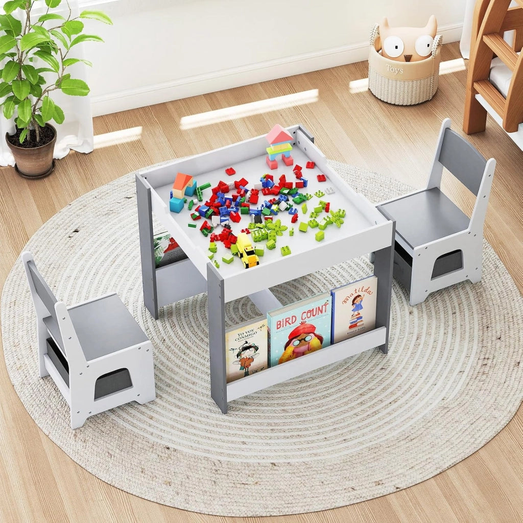 4 in 1 Set Tavolo e Sedie per Bambini 3+ Anni, Tavolo e Sedie con Piano Reversibile, Scaffali e Cassetti, Ideale per Disegno, Lettura e Studio (Grigio, Stile 3)