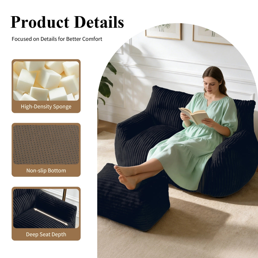 Pouf sacco ergonomico con imbottitura in memory foam, morbido e senza montaggio, in flanella nera
