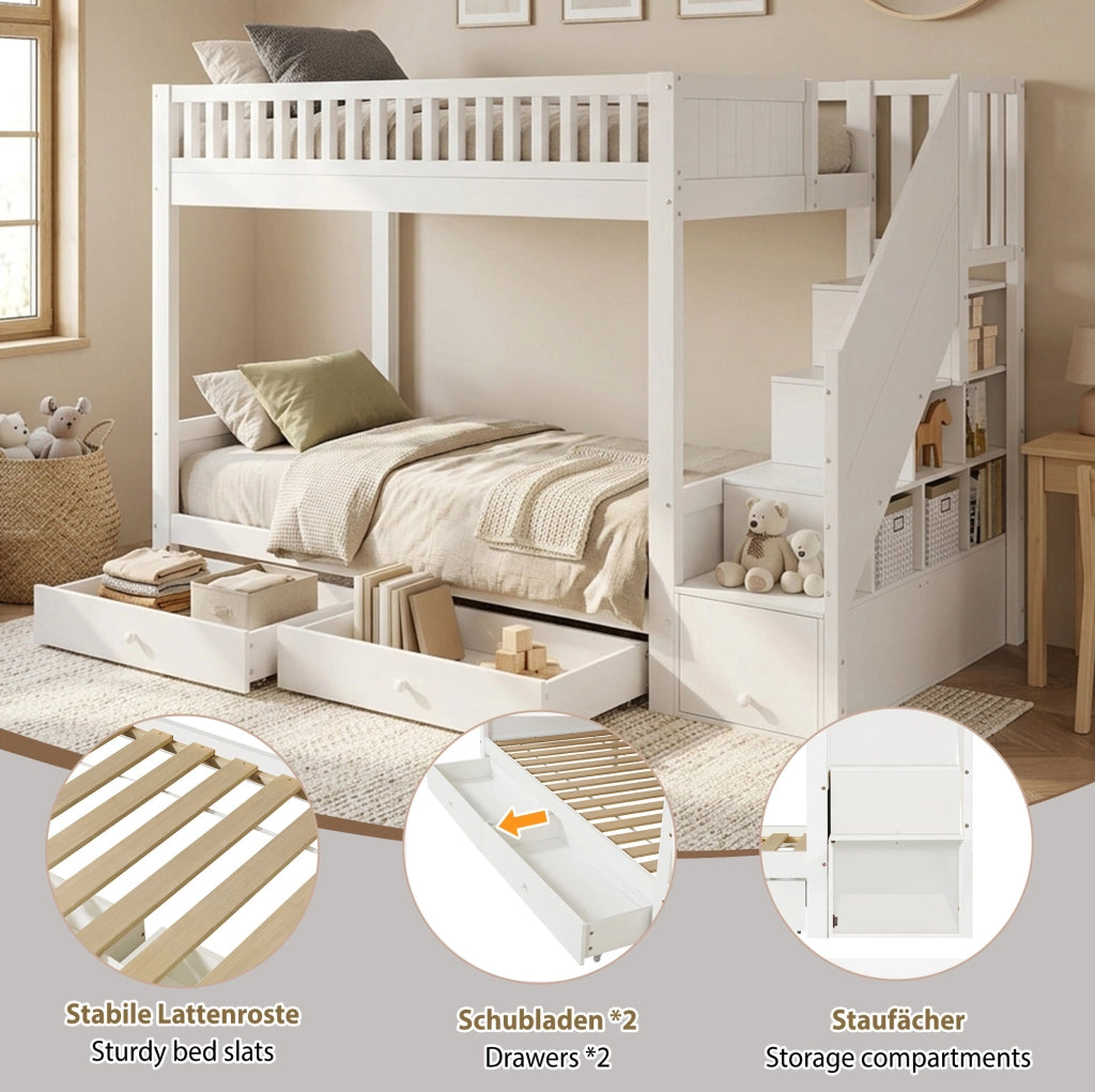 Letto a castello per bambini 90x200 cm con scala contenitore; 2 cassetti e sponde; bianco