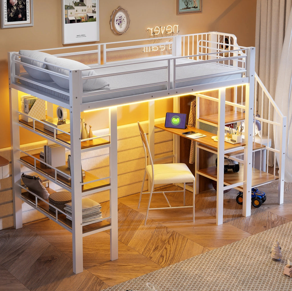 Letto a soppalco 90x200 multifunzionale con scrivania, ripiani e luce LED