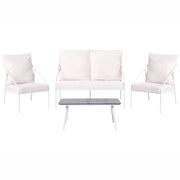 Set da giardino in metallo bianco con cuscini in cotone per 4 persone con rivestimenti sfoderabili Poltrone Divano Tavolino Moderno