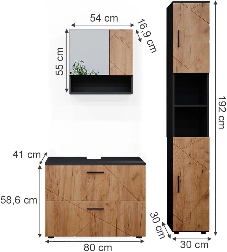 Set mobili bagno Irma, Quercia dorata/antracite, 80 cm, composto da mobile sottolavabo, specchiera e colonna alta