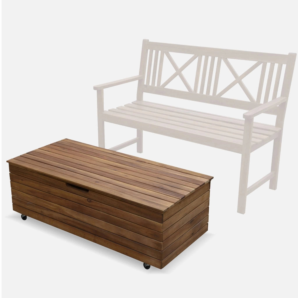 Baule da giardino in legno con rotelle, 110l, marrone naturale