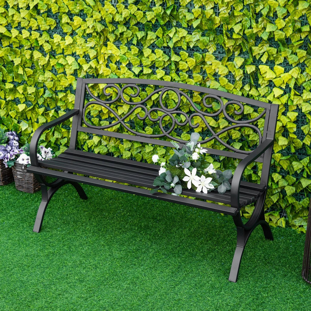 Panchina da Giardino 2 Posti in Acciaio e Ghisa con Braccioli e Decorazione. 128x58.5x85cm. Nero