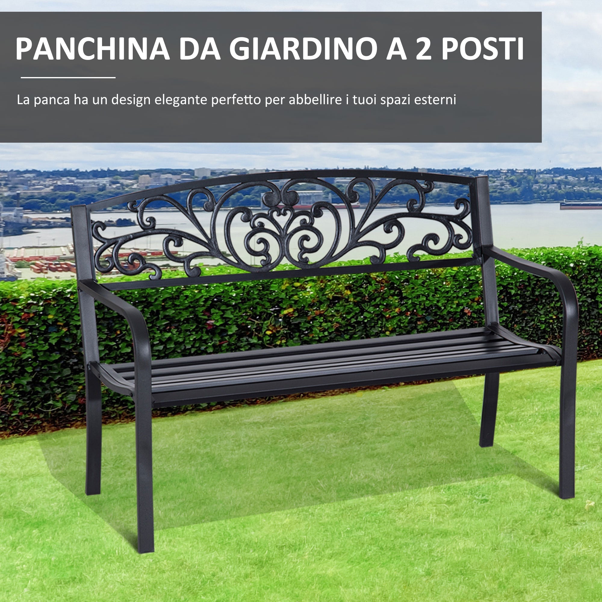 Panchina da Giardino 2 Posti 127x60x87 cm in Metallo Nero