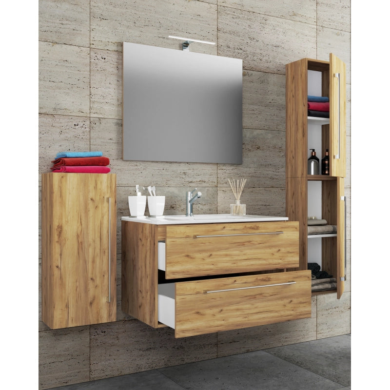Completo Set bagno 5 pz Mobile sosp 2 casetti con Lavabo XL in ceramica incl 1 Colonna 1 mobile sosp e specchio, Rovere