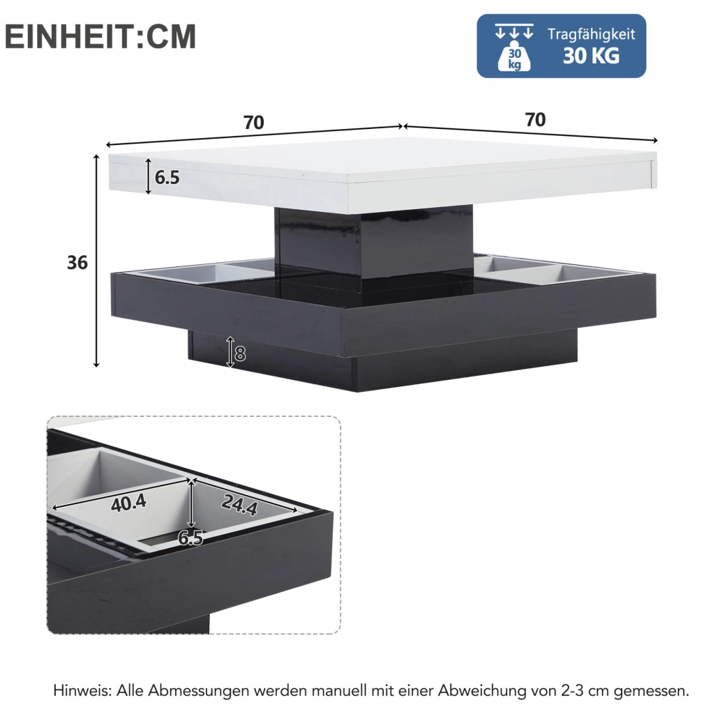 Tavolino da salotto girevole 360° 70x70x36 cm in truciolare bianco e nero; con vano portaoggetti
