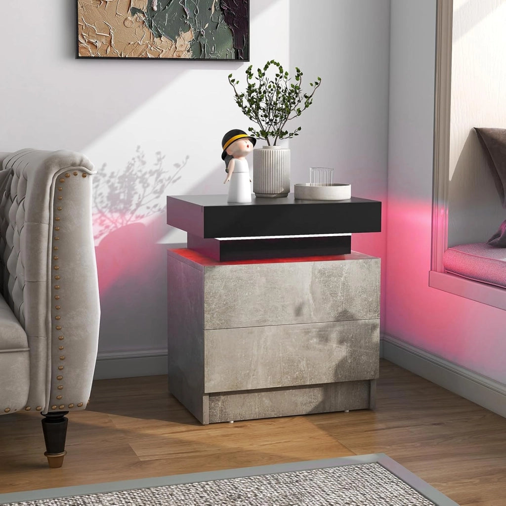 Tavolino da Salotto con 2 Cassetti e Luci a LED, Tavolino Moderno con Finitura Lucida Effetto Marmo, Comodino per Camera da Letto e Soggiorno, 45 x 35 x 52 cm (Grigio)